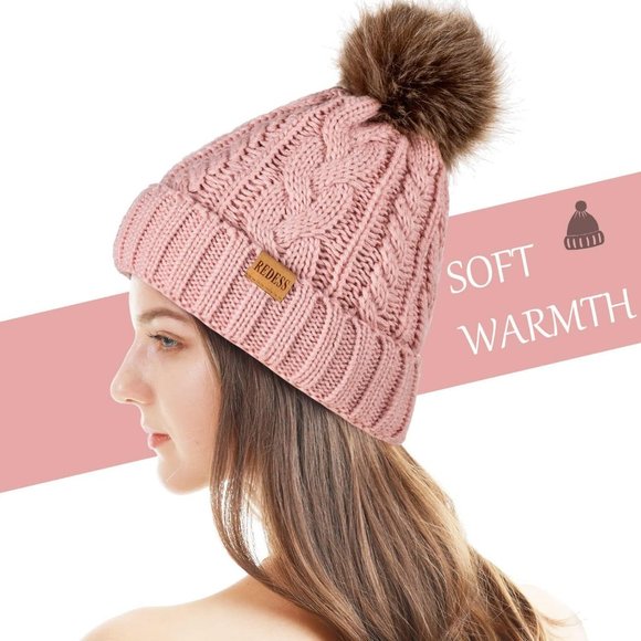 Womens Winter Warm Fleece Lined Knitted Soft Ski Cuff Beanie Hat with Pom Pom